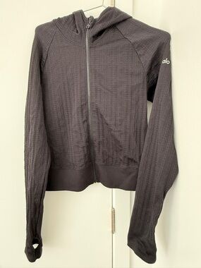 ALO Yoga Women's Black Zip-Up Hooded Cable Jacket